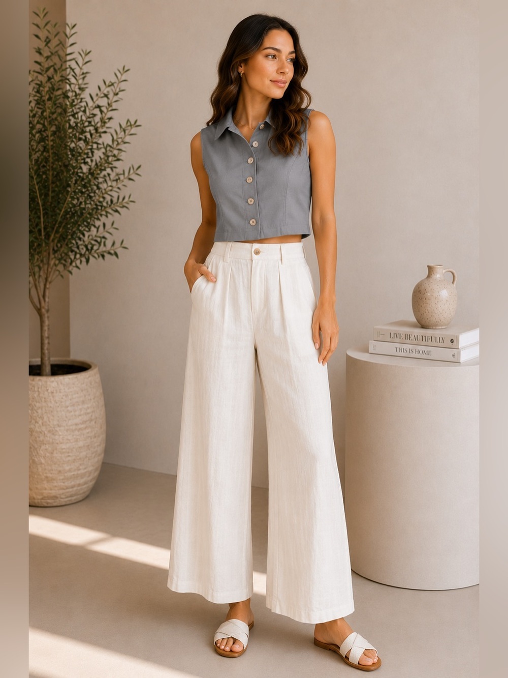 Rivir Sleeveless Button Front Crop Top – Gray Large